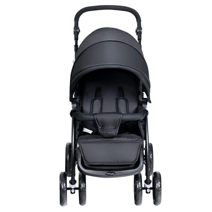 COSTWAY double seat pushchair with foldable design, adjustable backrests, sunshade, safety belts, and storage basket in black.