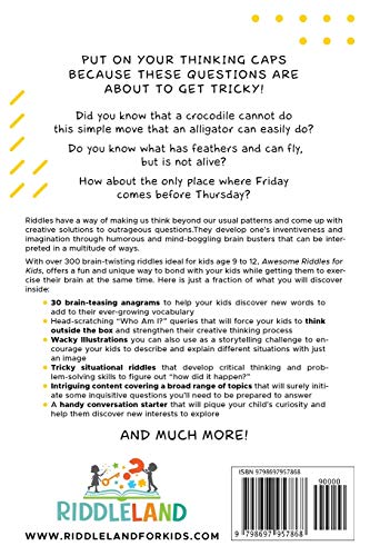 Book cover of "Awesome Riddles and Trick Questions for Kids" by Super Toy Store, featuring colorful playful illustrations for ages 9-12.