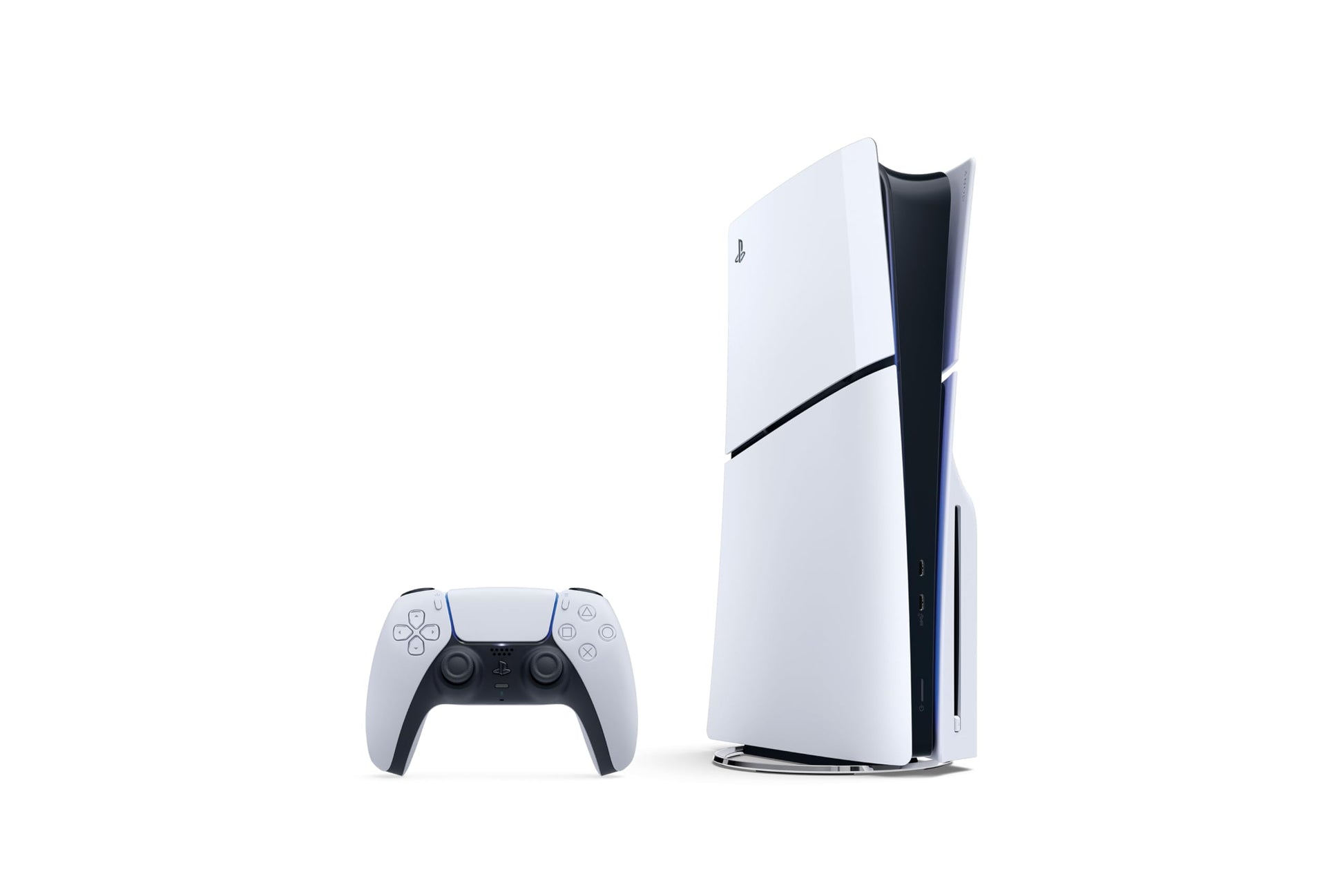 PlayStation Console 5 Standard Slim Edition with sleek black design and compact size, featuring disc drive and LED power indicator.