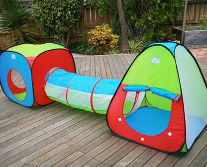 Colorful 3-in-1 kids' pop-up play tent and tunnel set by Tech Traders, foldable indoor outdoor toddler toy with zippered storage bag.