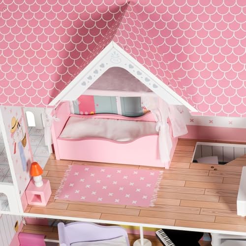 Mamabrum Wooden Dolls House XXL with Terrace Garden, LED Lights, Furniture & Accessories Included, 3-Storey Houses & Wooden Sweet Playhouse with Painted Roof & Walls for Little Girls, Rose/Light Blue