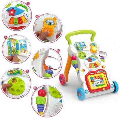 M.J COMFY-LIFE Baby Walker with music and activities, multifunctional push walker and sit-play toy for early walking and learning development.