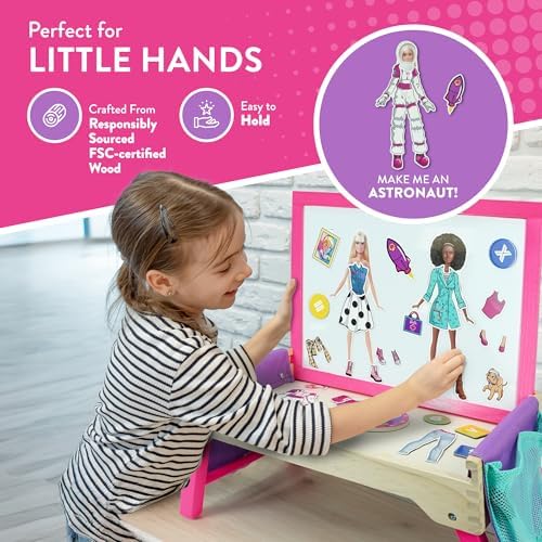 Barbie 2-in-1 magnetic whiteboard and lap tray for kids, featuring colorful educational writing surface and creative activity space.