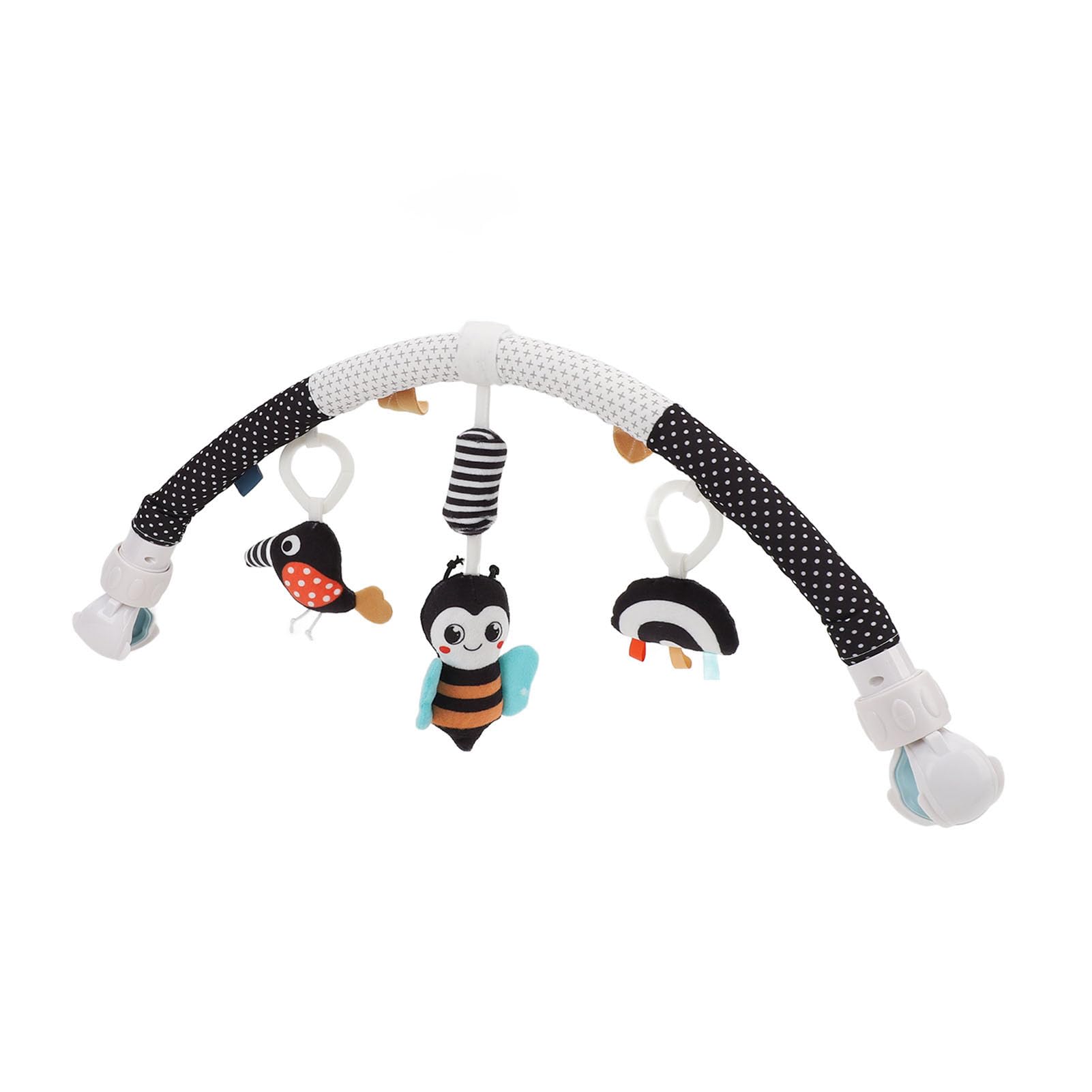 Pilipane clip-on baby sensory toy with plush honeybee design for cribs, strollers, developing motor skills and stimulating baby senses.