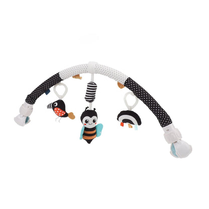 Pilipane clip-on baby sensory toy with plush honeybee design for cribs, strollers, developing motor skills and stimulating baby senses.