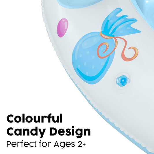 Bestway inflatable sweet shop paddling pool for kids, featuring a canopy shade and colorful design for outdoor fun.