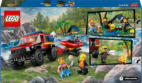 LEGO City 4x4 fire engine set with rescue boat, dinghy, trailer, tent, camper, and two firefighter minifigures.