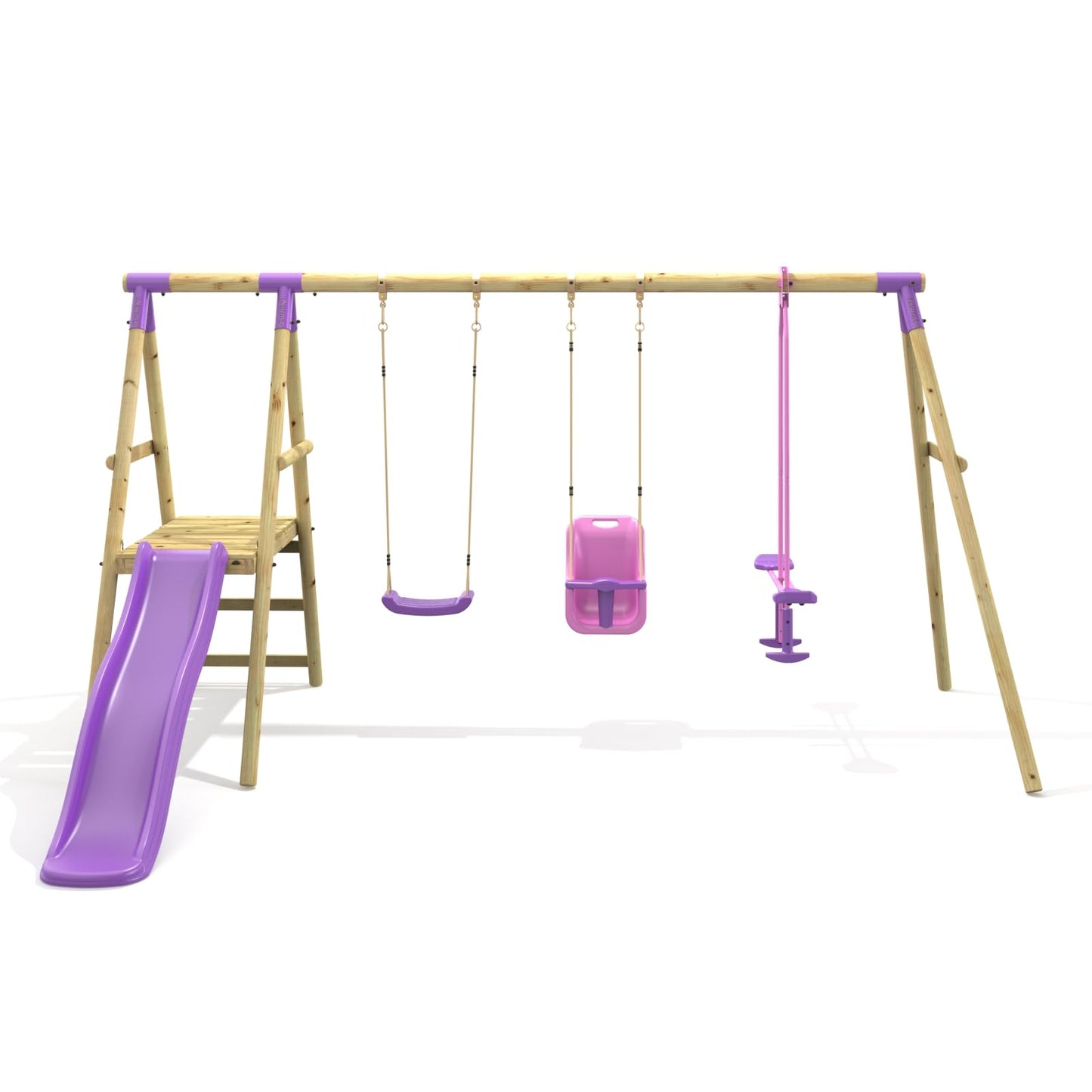 Rebo® Wooden Swing Set with Platform and Slide - Voyager Purple | OutdoorToys | Baby Seat, Glider and Regular Seat | Kids' Outdoor Wooden Play Equipment for Gardens, Weather Resistant
