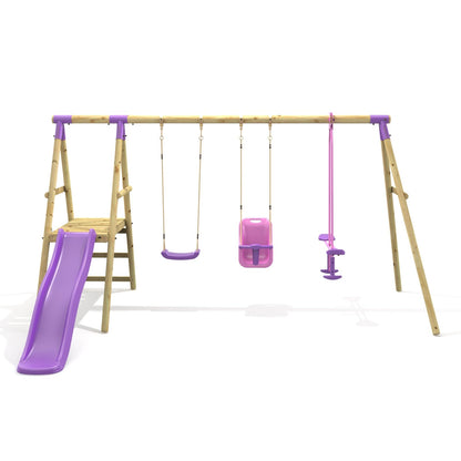 Rebo® Wooden Swing Set with Platform and Slide - Voyager Purple | OutdoorToys | Baby Seat, Glider and Regular Seat | Kids' Outdoor Wooden Play Equipment for Gardens, Weather Resistant