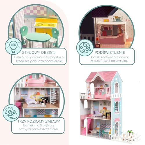 Mamabrum Wooden Dolls House XXL with Terrace Garden, LED Lights, Furniture & Accessories Included, 3-Storey Houses & Wooden Sweet Playhouse with Painted Roof & Walls for Little Girls, Rose/Light Blue