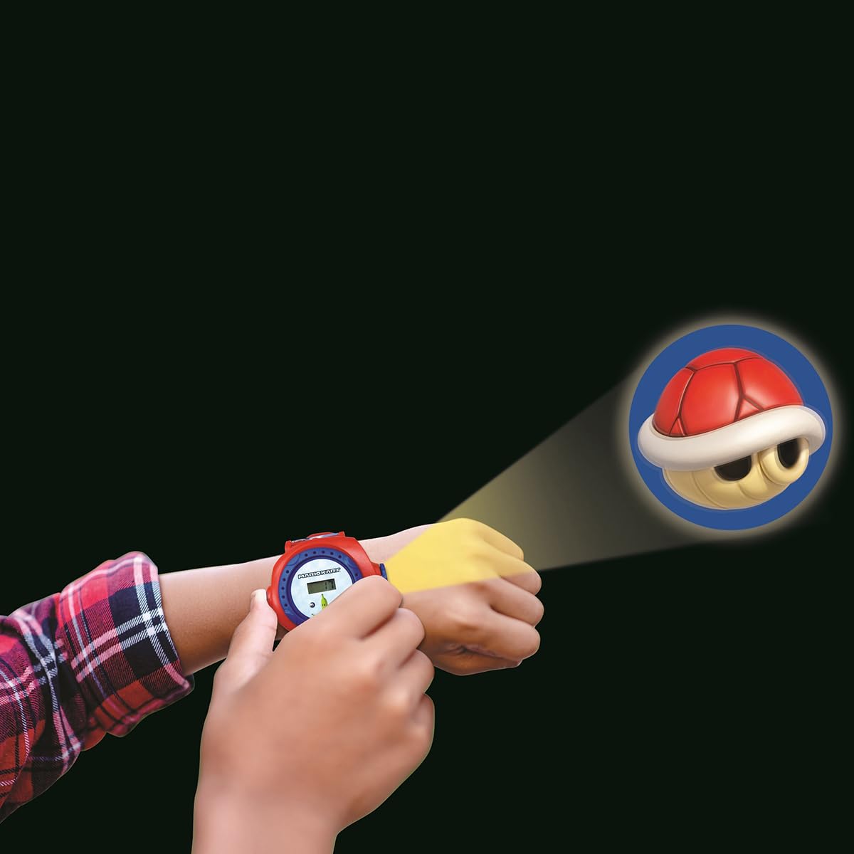 Lexibook Nintendo Mario Kart adjustable projection watch with digital screen, red and blue design, featuring Mario Kart images for children