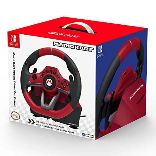 Hori Mario Kart Racing Wheel Pro Deluxe for Nintendo Switch, black gaming steering wheel with Mario Kart branding and adjustable pedals