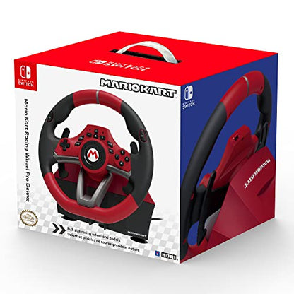Hori Mario Kart Racing Wheel Pro Deluxe for Nintendo Switch, black gaming steering wheel with Mario Kart branding and adjustable pedals