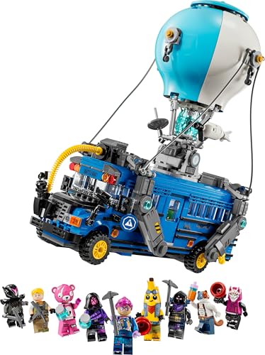LEGO Fortnite Battle Bus toy model with 9 character minifigures and accessories for creative play and display.