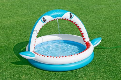 Bestway Shark Kids Inflatable Sprinker Play Pool featuring playful shark design, measuring 1.63m x 1.27m x 92cm.