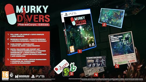 Cover art for Murky Divers: PharmaCorps Edition video game for PS5 by Maximum Entertainment, featuring underwater adventure imagery.