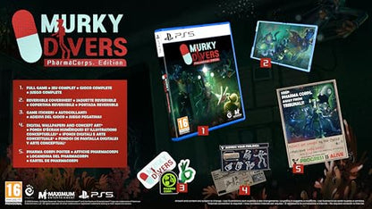 Cover art for Murky Divers: PharmaCorps Edition video game for PS5 by Maximum Entertainment, featuring underwater adventure imagery.