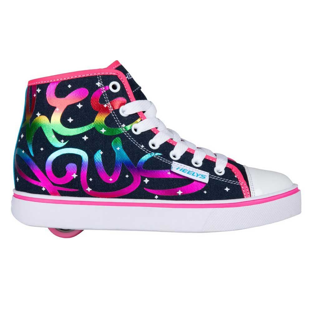 Heelys Girls Veloz sneaker in denim rainbow with wheels, size 1 UK, featuring colorful rainbow accents and casual sneaker design.