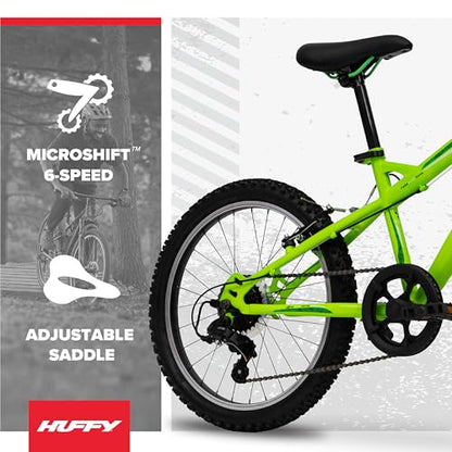 Huffy Extent 20-Inch Boys’ Mountain Bike, 6-Speed Microshift Gear System, Front Suspension, Durable Steel Frame, All-Terrain Tyres, For Kids Ages 5–9 Years, Antifreeze Green