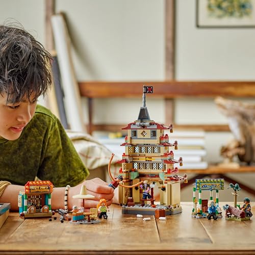 LEGO ONE PIECE Battle at Arlong Park set with Luffy, Nami, and a collapsing pagoda, featuring five minifigures.