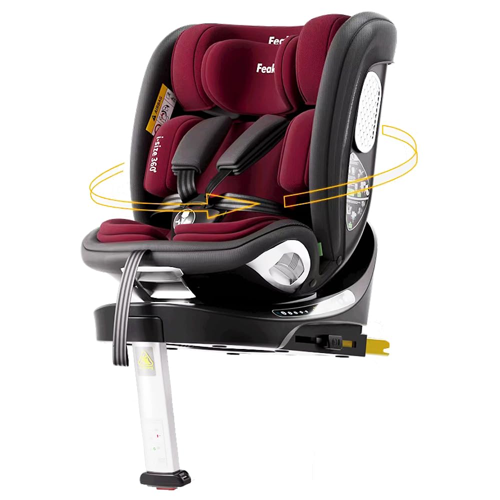 Feakaou 360 Car Seat with ISOFIX - Newborn to 12 Years Children, i-Size (ECE R129/E4) Rotating Swivel Baby Car Seat,Group 0+1/2/3 (40-150cm),Rear Facing for Longer from Birth to 4 Years. Red Black