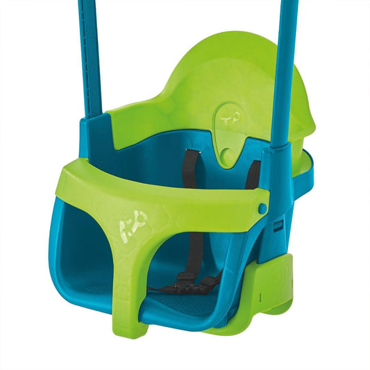 Green TP Toys Quadpod 4-in-1 growable toddler swing seat with adjustable ropes and safety strap, suitable for outdoor gardens and playgrounds.