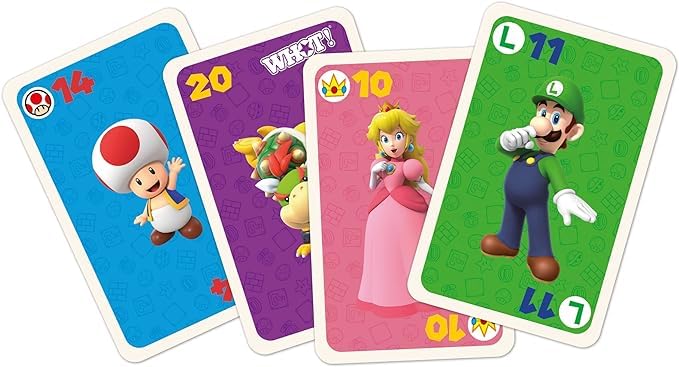 Waddingtons Number 1 Super Mario WHOT! card game with characters like Mario, Luigi, Yoshi, Peach, and Toad, for ages 5+