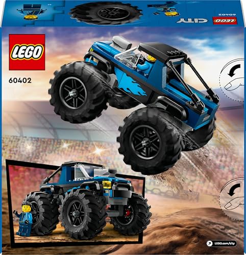 LEGO City blue monster truck toy with driver minifigure, designed for kids aged 5 and up, showcasing fun vehicle details.