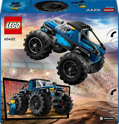 LEGO City blue monster truck toy with driver minifigure, designed for kids aged 5 and up, showcasing fun vehicle details.