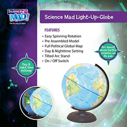 Science Mad light-up globe for kids showing Earth with day and night settings, 20cm diameter, mounted on arc for educational fun.