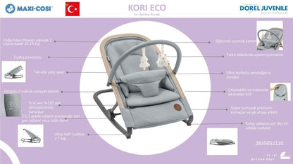 Maxi-COSI Kori 2-in-1 ergonomic baby bouncer chair with toy arch, adjustable recline, lightweight design, and newborn pillow in green.