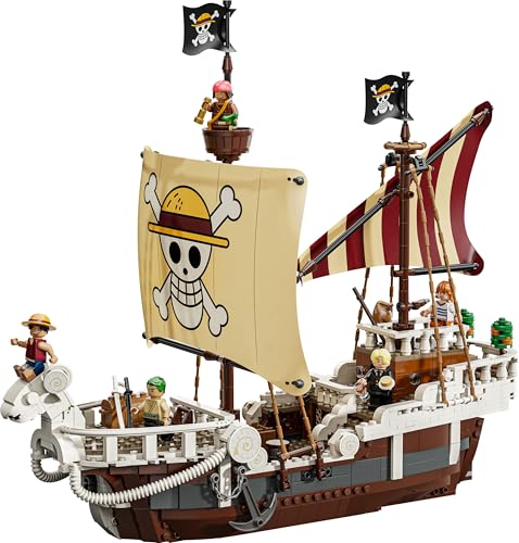 LEGO One Piece The Going Merry pirate ship model with Luffy, Zoro, and Nami minifigures, ideal for display and play.