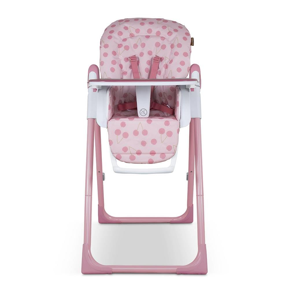Cosatto Pip cherry pie highchair with padded seat, adjustable height, foldable design, footrest, tray, and cup holder for babies.