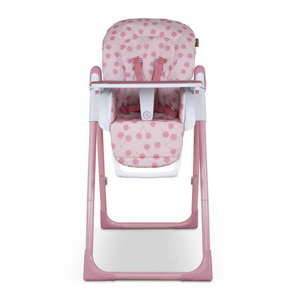 Cosatto Pip cherry pie highchair with padded seat, adjustable height, foldable design, footrest, tray, and cup holder for babies.
