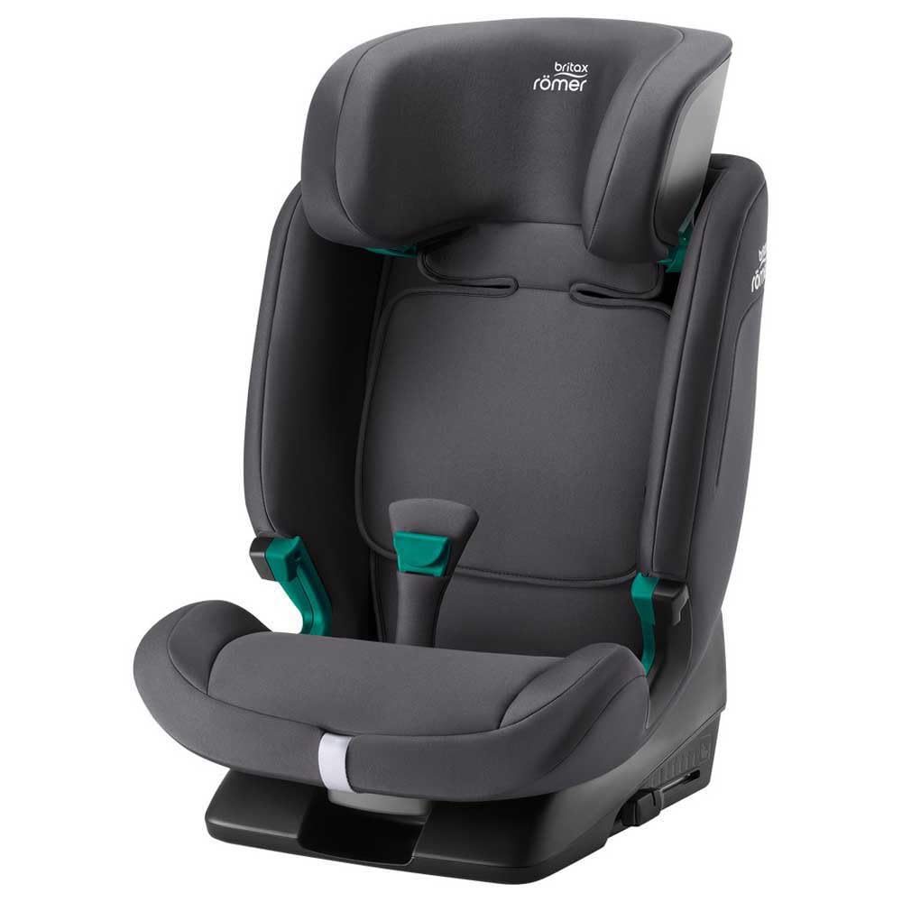 Britax Römer EVOLVAFIX car seat in midnight grey with ISOFIX, suitable for children 76 to 150 cm from 15 months to 12 years.