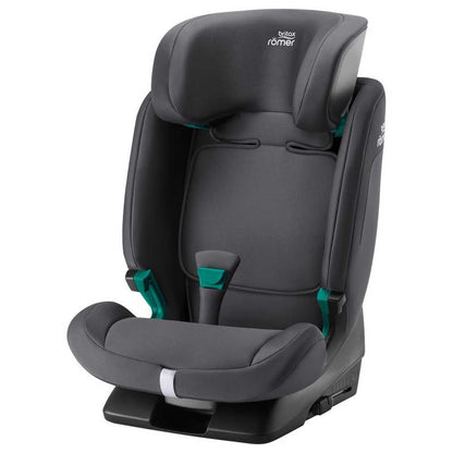 Britax Römer EVOLVAFIX car seat in midnight grey with ISOFIX, suitable for children 76 to 150 cm from 15 months to 12 years.