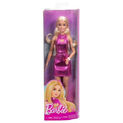Barbie Fashionistas Doll #230 with blond hair in metallic pink minidress, heart cut-out, white bracelet, and heels.