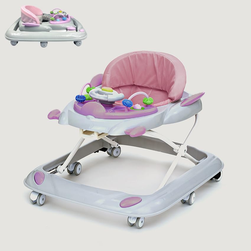 RYDR 101 baby walker with wheels in pink, foldable, adjustable height, featuring interactive lights and sounds for toddlers 6-12 months
