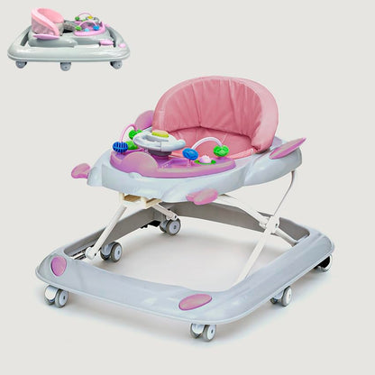 RYDR 101 baby walker with wheels in pink, foldable, adjustable height, featuring interactive lights and sounds for toddlers 6-12 months