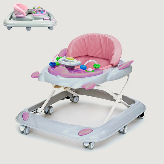 RYDR 101 baby walker with wheels in pink, foldable, adjustable height, featuring interactive lights and sounds for toddlers 6-12 months