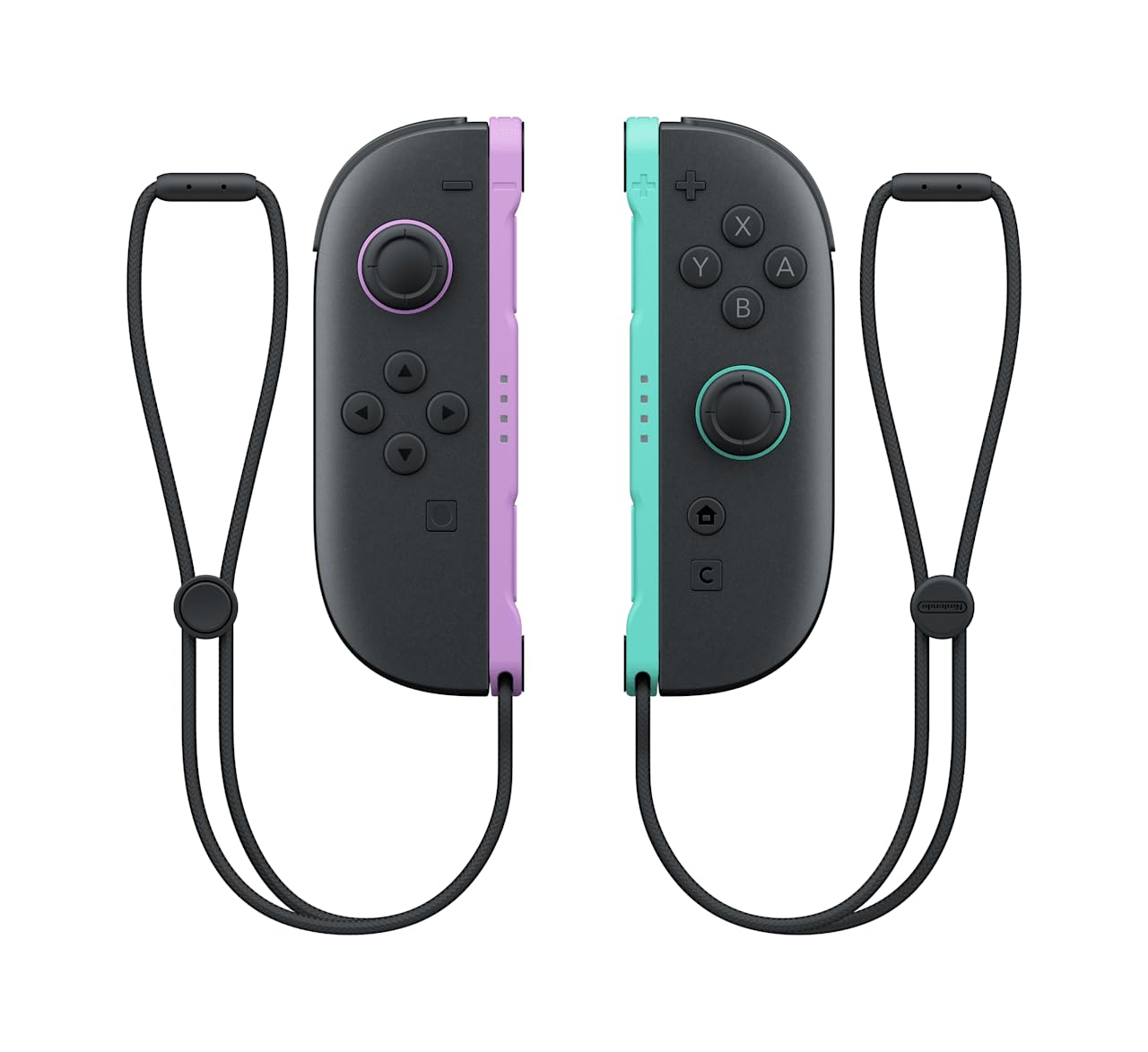 Nintendo Joy-Con controllers in light purple and light green, showing the left and right game controllers side by side.