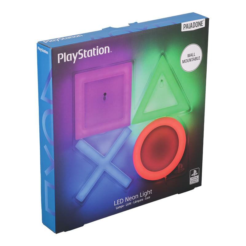 Paladone PlayStation LED neon light with controller icons, adds colorful mood lighting to gaming or office decor.