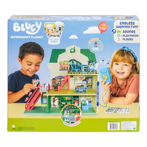 Bluey Supermarket Playset, 3 Different Levels With Exclusive Bluey and Bingo Figures. Includes Working Escalator, 24 Sounds and 15+ Play Pieces Plus Fun Intercom, Over 40cm (15") Tall.