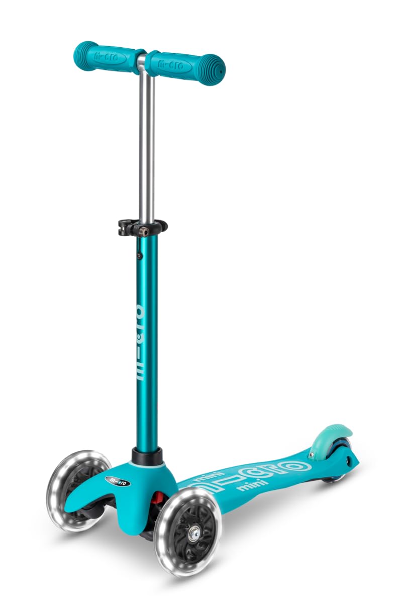 Micro Scooters | Mini Micro Deluxe LED Children's Scooter | Extra Grippy Deck | Weather Tested Stem | Remove & Fold Handlebar | Light Up Wheels | 2-5yrs | Boys & Girls | Aqua