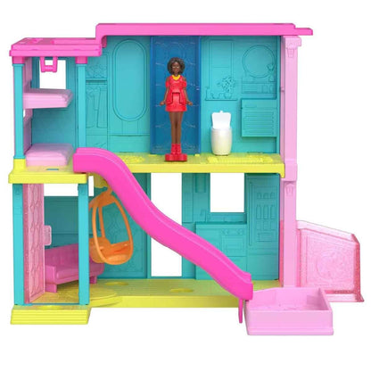 Mini Barbie Dreamhouse set with 1.5-inch Barbie doll, furniture, accessories, elevator, and pool for ages 4 and up.