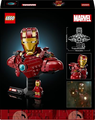 LEGO Marvel Iron Man MK4 Bust display model with Tony Stark minifigure, shoulder cannons, and rotating head.