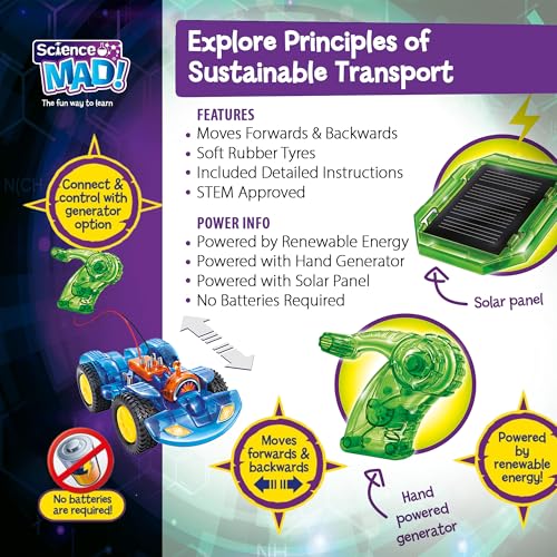 Science Mad renewable energy electric car kit for kids, featuring a solar panel and hand-powered generator for STEM learning.