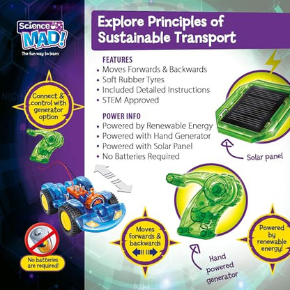 Science Mad renewable energy electric car kit for kids, featuring a solar panel and hand-powered generator for STEM learning.