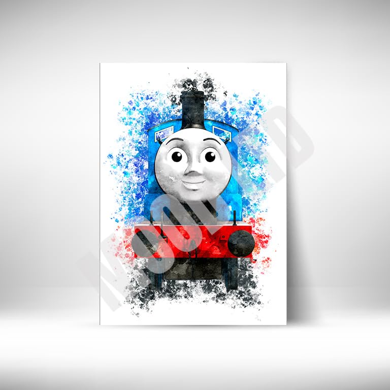 Thomas Tank Engine characters watercolour splash effect wall prints, set of 9 unframed A4 (21cm x 29.7cm) Thomas Tank Engine characters cartoon wall art prints, watercolour effect prints for kids room