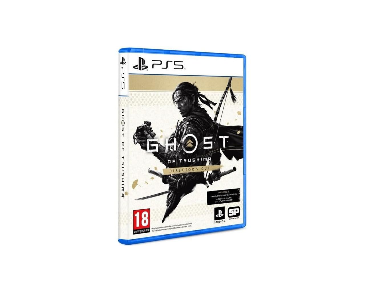 PlayStation Ghost of Tsushima Director's Cut game case for PS5 console, featuring artwork of samurai and Japanese landscape.